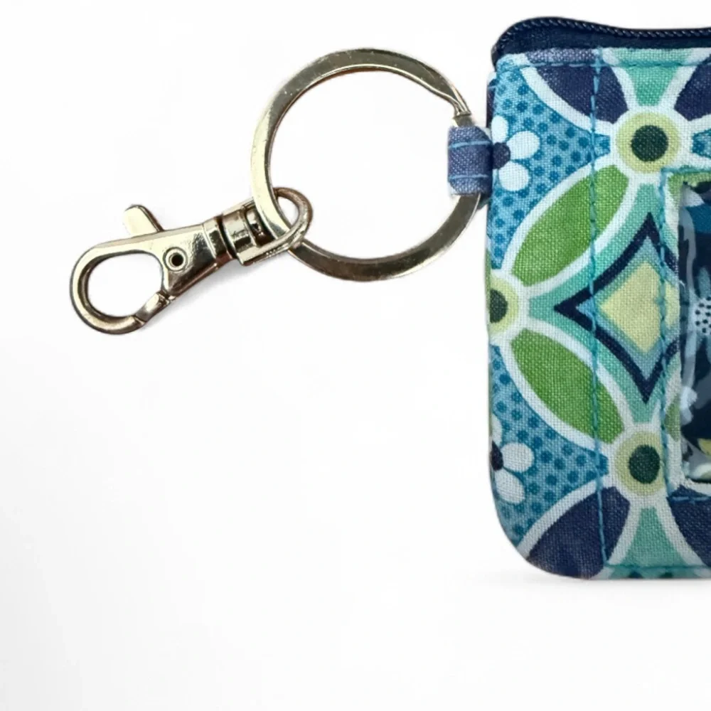 Vera Bradley Blue Green Daisy ID Card Holder Zip Coin Keychain Floral